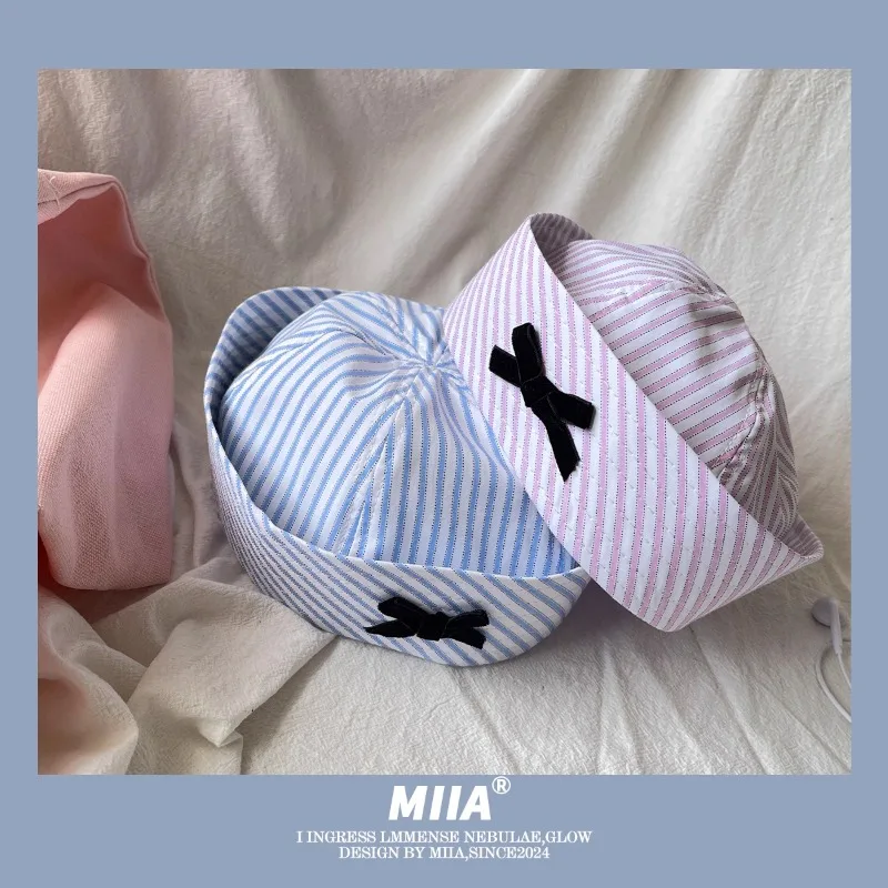 Japanese Sweet Striped Bow Decoration Jk Sailor Hat Spring and Summer Cute Flanged Versatile Dome Beret Cap Casquette Femme