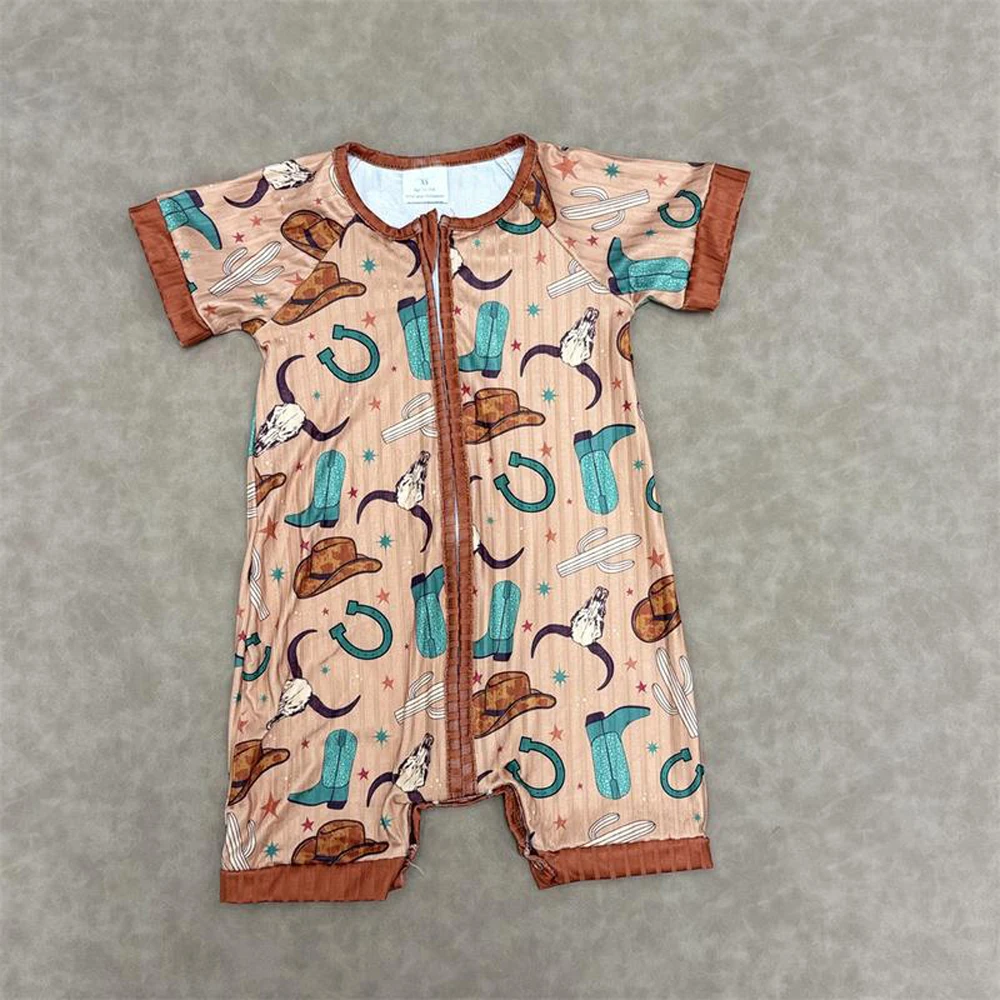 

z1016-15 SR3155 Wholesale baby romper Western kids clothes boy cow head boots short sleeve romper Summer Boutique clothing