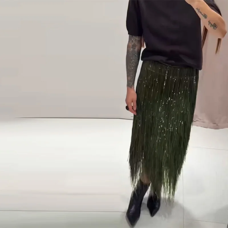 Glitzernder bestickter Rock für Damen, trendiges, unregelmäßiges, halblanges Kleid mit Quastensaum, 2025, neue A-Linien-Partyröcke mit hoher Taille