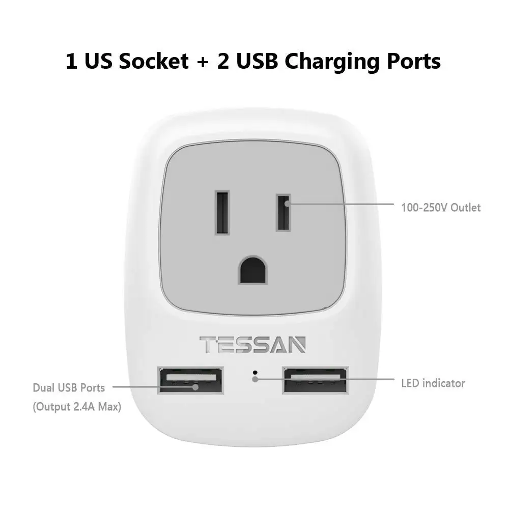 TESSAN 3 in 1 Type G Travel Power Plug Adapter with 1 AC Outlets & 2 USB Ports, US to UK Travel Adapter for Ireland Scotland