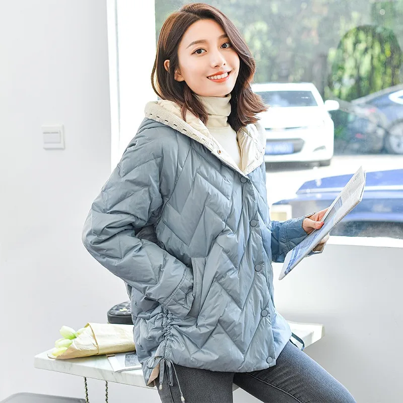 Women's Lightweight Down Jacket Short Autumn Winter New Style Knitted Hat Outerwear Fashionable Cocoon Shape Petite Hooded