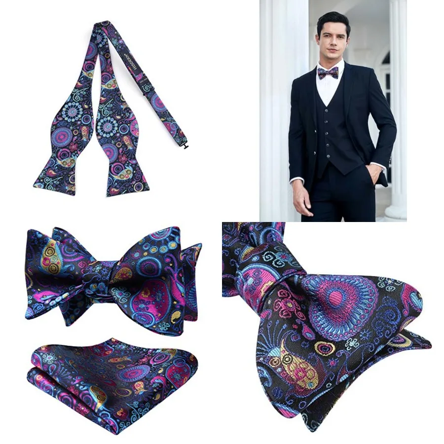 Corbatas de Moño para Hombre, Corbatas de Moño Florales, Corbata de Moño para Hombre con Diseño Jacquard, Juego de Pañuelo de Bolsillo, A1-azul-floral