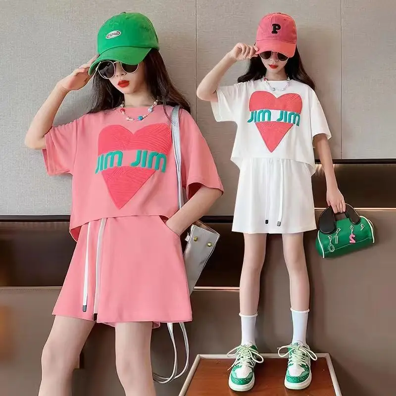 Girls Summer Leisure Cotton 2PCS Korean Style T-shirts+Pants Suits 5-13Years Kids Daily Streetwear Children Fashion Clothes Sets