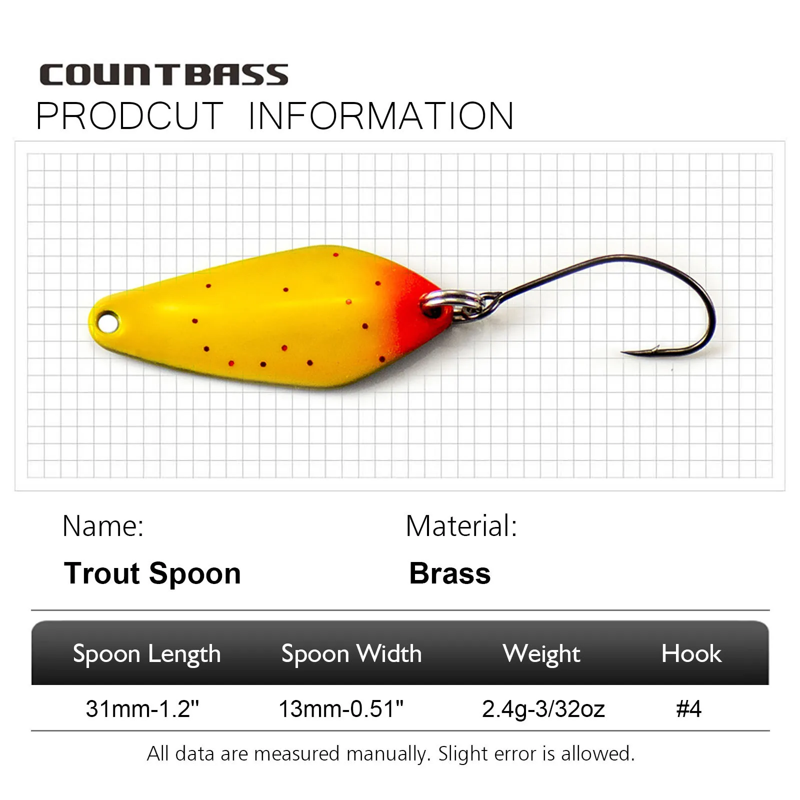 COUNTBASS 6PCS Trout Fishing Spoons 2.4g 3/32oz Casting Metal Lure for Salmon  Bass Pike Brass Metal Bait