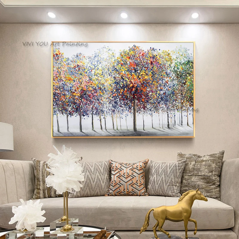 100% Handmade Colorful Dot Forest Tree Large Knife Oil Painting Abstract On Canvas Modern Sofa Background Home Wall Decor Art