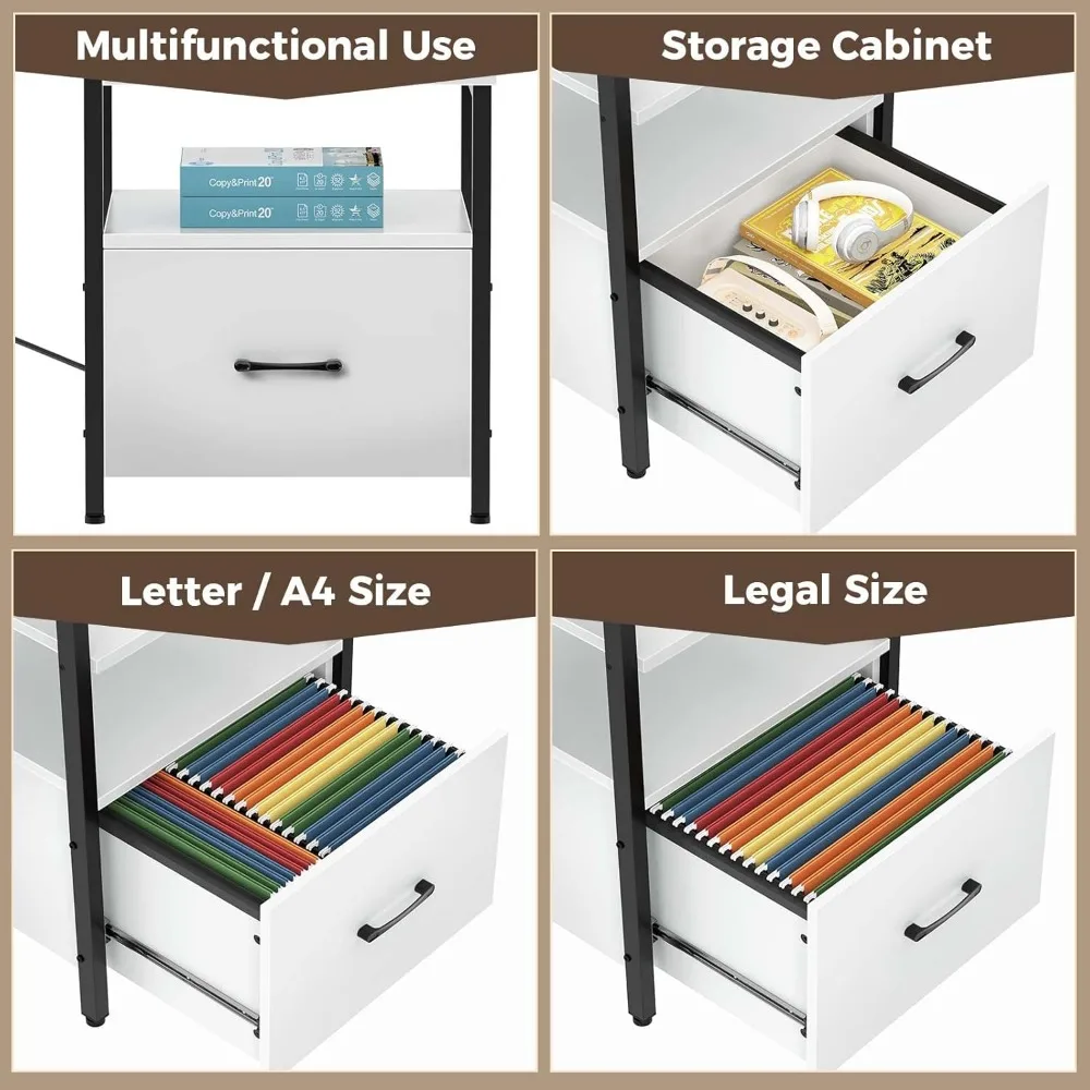 Computer Desk with File Drawer, Power Outlet & LED Strip, L Shaped Computer Desk with File Cabinet, Desk with Monitor Shelf