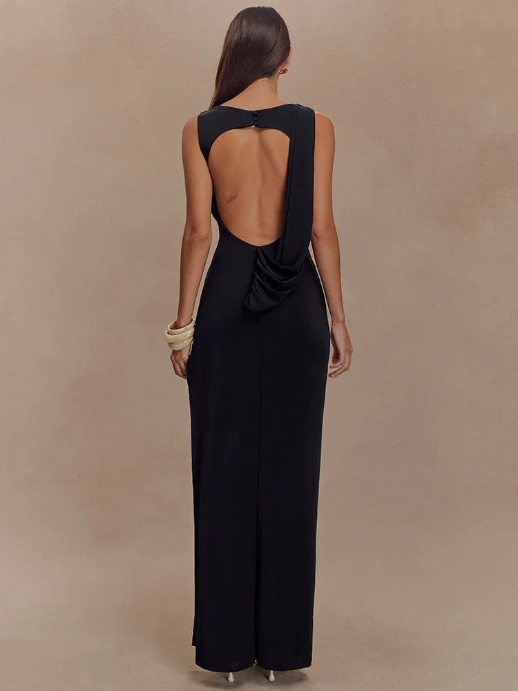 Mozision Backless Ruches Sexy Maxi Tank Jurk Vrouwen Jurk Zomer Nieuwe O Hals Dij Hoge Split Bodycon Elegante Lange Jurk Mode