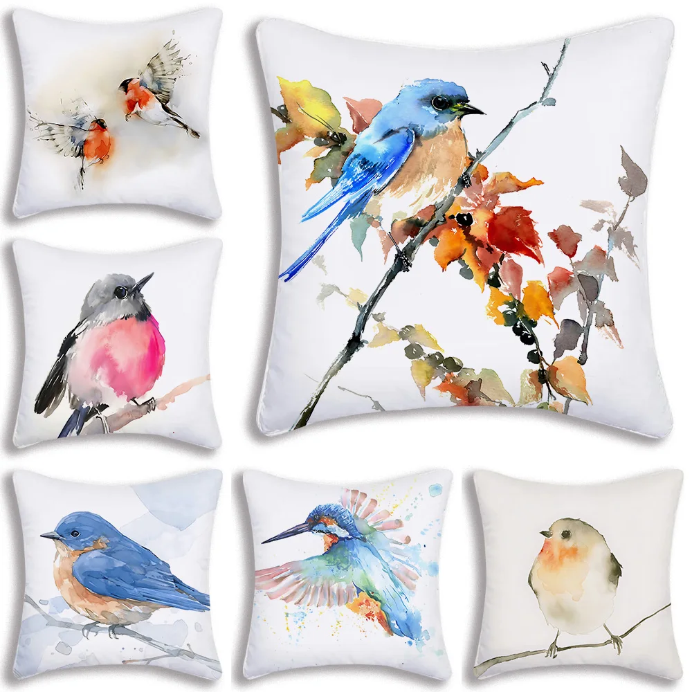 

Watercolor Animal Birds Pillow Covers Cartoon Sofa Decorative Home Double-sided Printing Short Plush Cute Cushion Cover