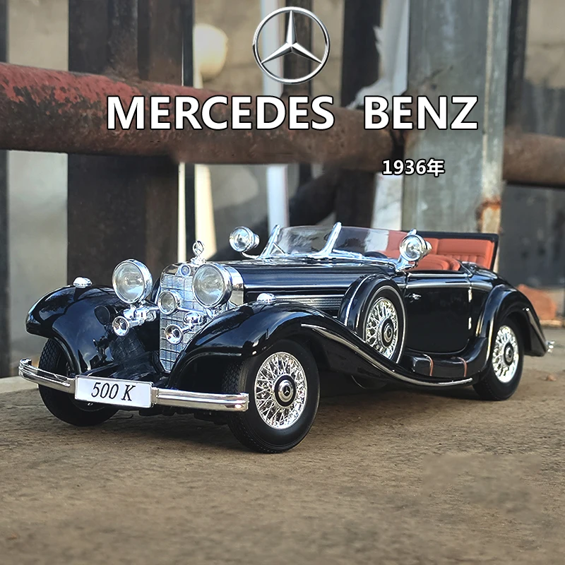 

1:18 Mercedes-Benz 500K 1936, модель игрушечного автомобиля из сплава, литье под давлением металла, звуковой и световой автомобиль, игрушки для детей, автомобиль