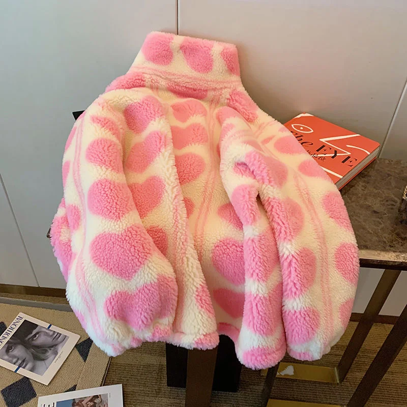 Winter Japanese Coats Korean Fashion Kawaii Lambswool Coats Pink Heart Women Faux Fur Teddy Jackets Outerwear Female Overcoat