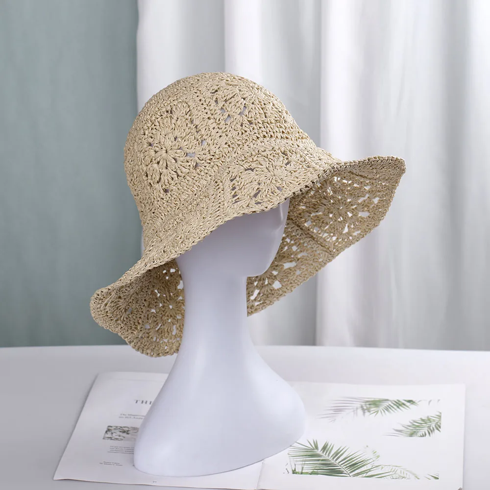 Womens Straw Hats crochet hat bucket hat  UV Protection Sun Visor Beach Hats Women Visors Foldable Female Women Summer Sun hat