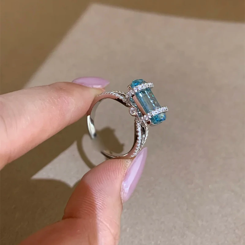 Fresh dopamine Small Square winding rings light luxury exquisite and high-end diamond inlay blue crystal ring adjustable jewelry - view 5