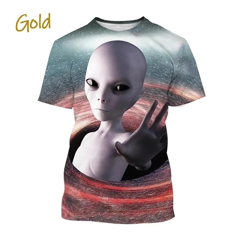 New Alien Image Series Fun Printed Casual T-shirt Role Playing Men\'s Unisex Hip Hop Round Neck Short Sleeve