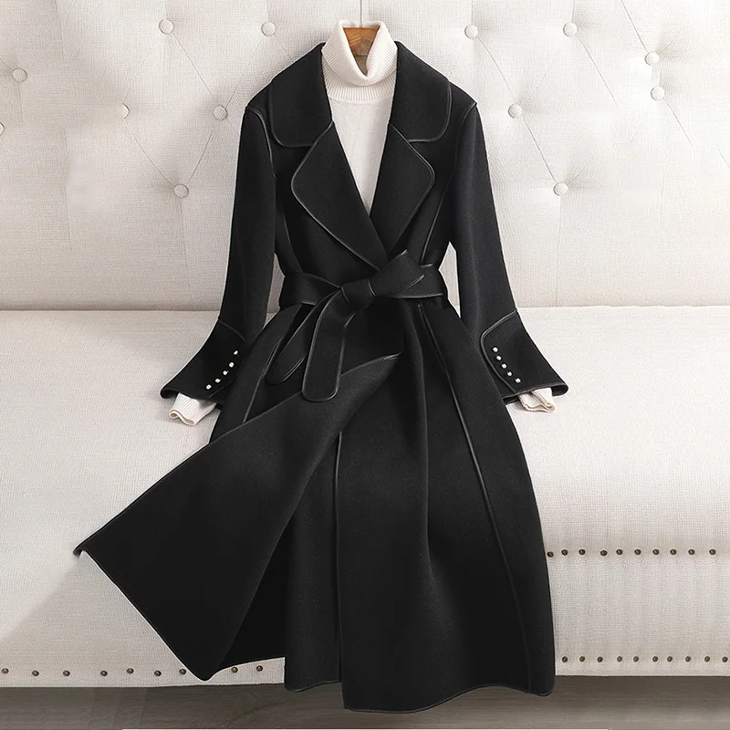 

2023 New Elegant Long 100% Wool Double-sided Coat Women Slim Lace-up Laepl Natrual Wool Jacket Korean Fashion Caot Fit Spring Au