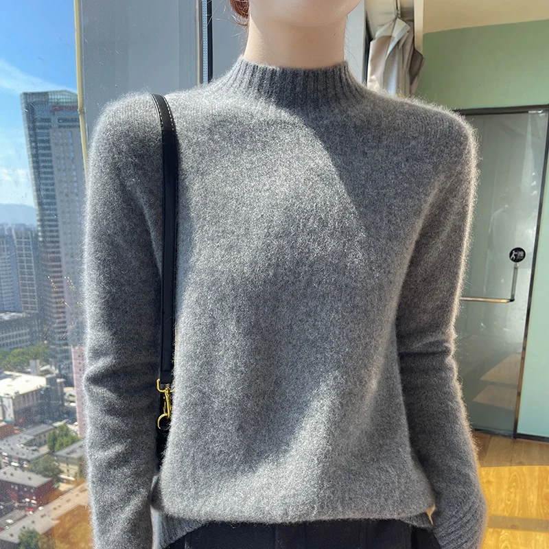 Fall/Winter new 100% Merino wool pullover Cashmere sweater Women's semi-turtleneck seven-pin warm bottom knit shirt top