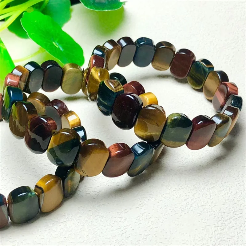 Natural Colored Tiger Eye Stone Bangle Handmade Reiki Healing Meditation Elastic Rope Stone FengShui Couple Jewelry 10X14MM