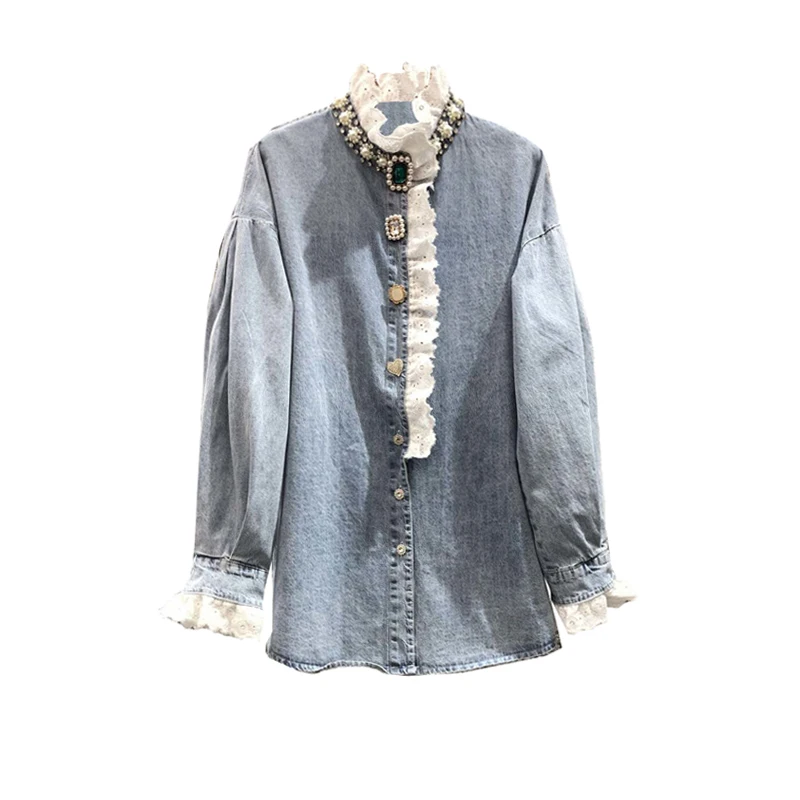 Donne di lusso diamanti perline cuciture in pizzo camicie di Jeans blu primavera strass Jeans camicetta Cardigan monopetto top