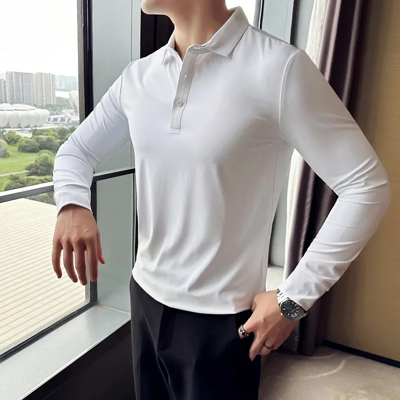 High Elasticity Men POLO Shirt 2023 Autumn Base Tops Ice Silk Fabric Solid Casual Long Sleeve POLO Shirt Casual Slim Fit T Shirt