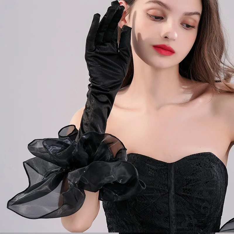 Guantes largos para vestido de novia, guantes negros para fotografía, banquete, noche