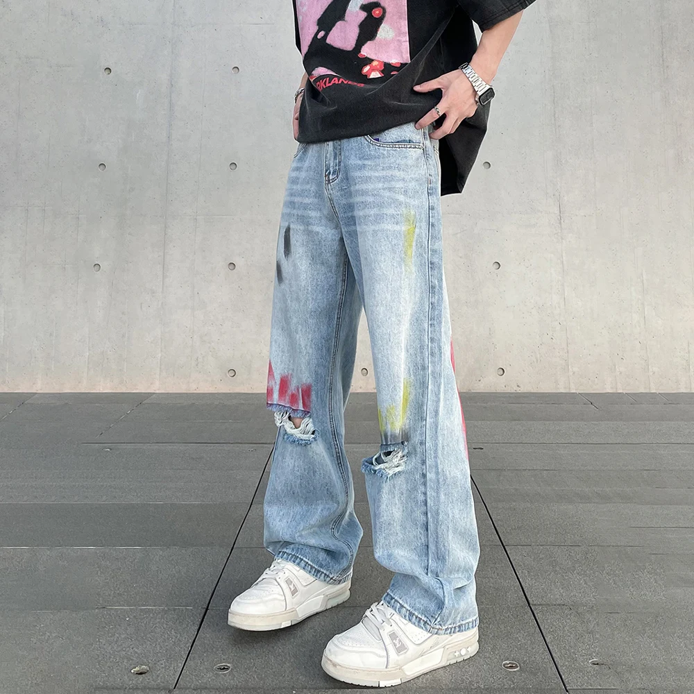 Abstract Graphic Splash-ink Ripped Jeans Men Loose Straight-leg Street Summer Trousers Streetwear Autumn Baggy Y2k Denim Pants