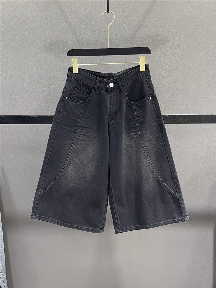 

American Retro Black Seven-Five Jeans Women's Summer New Loose Casual Wide Leg Pants Natural Waist Zipper Closure Pure Color