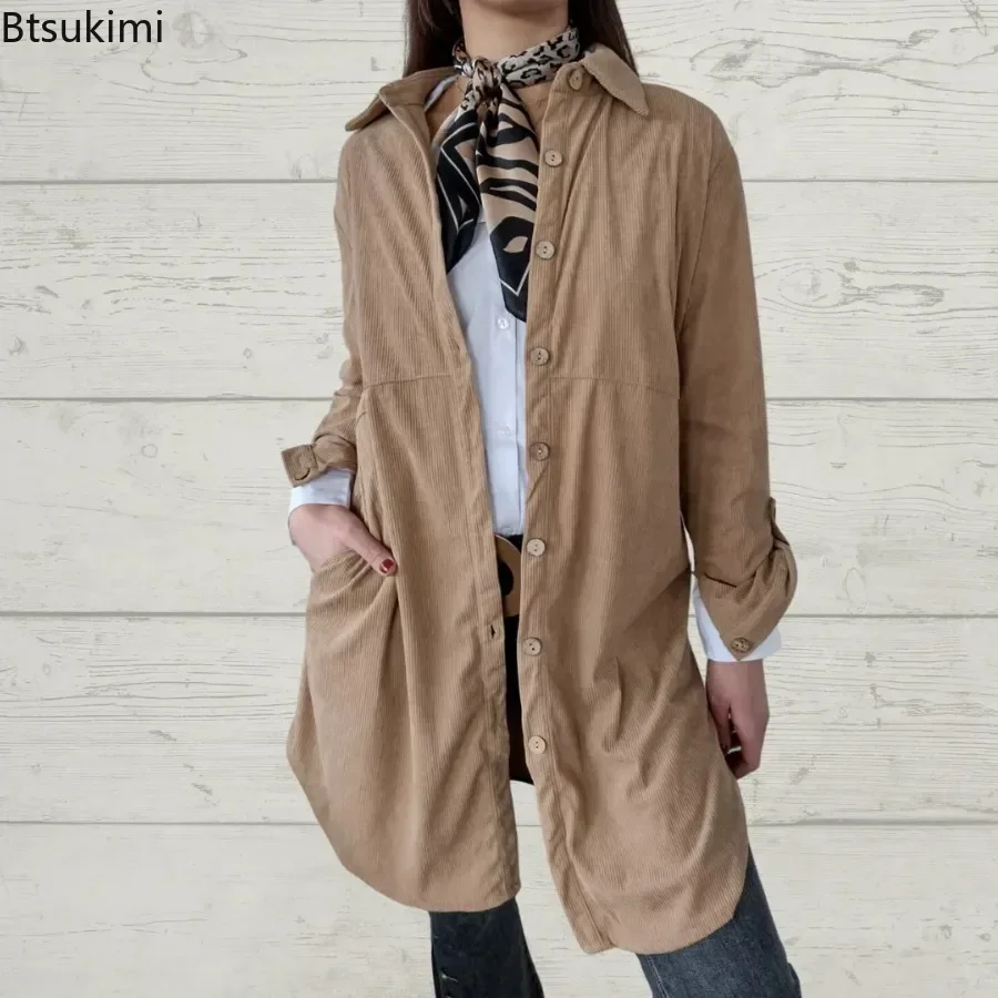 

Spring New Women's Corduroy Long Jacket Fashion Loose Single Breasted Temperament Cardigan Shirt Coat Ladies Casual Pocket Coats