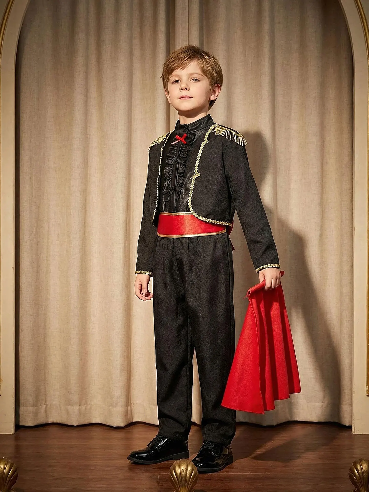 Fantasia de Matador Espanhol para Crianças/Adultos, Traje Vintage de Torero com Cinto Vermelho e Detalhes Dourados, Fantasia para Festa de Halloween