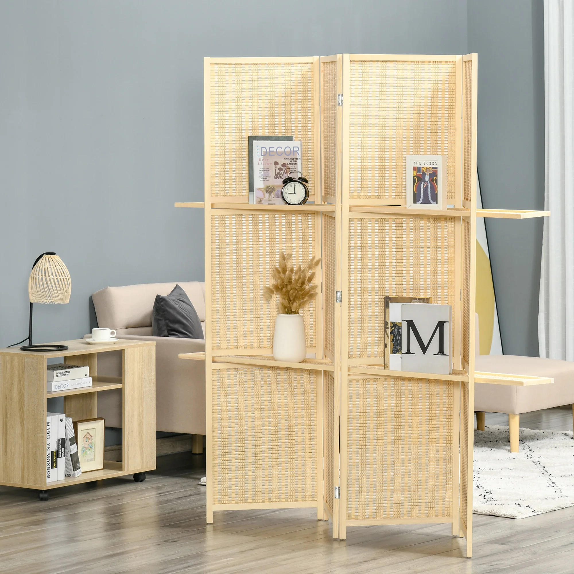 HOMCOM Paravent 4 pièces 180x180 cm, cloison pliable avec séparateurs de pièce, écran mural en bois et bambou pour salon, nature