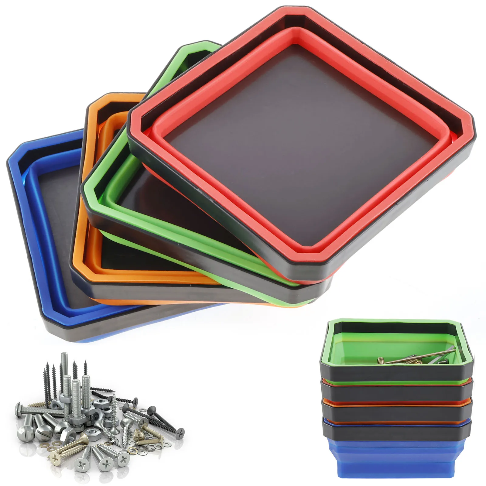 3/4 Pcs Collapsible Magnetic Parts Tray Set Silicone Magnetic Tool Box Square Storage Tray Organizer for Screw Bolt Nut Washer