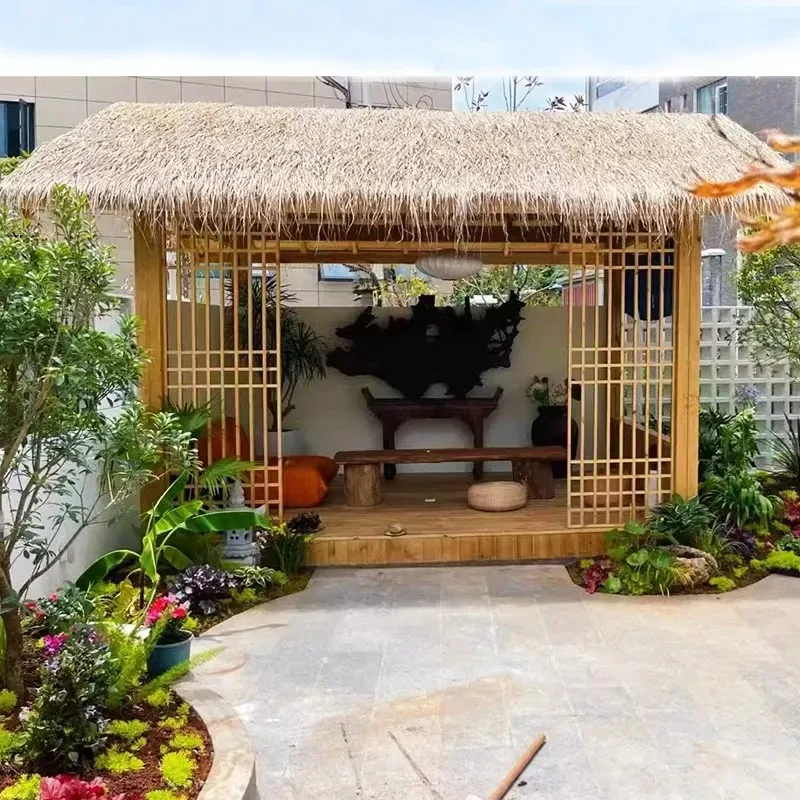 Outdoor thatched four-corner pavilion villa courtyard preservative wood solid wood outdoor tea room