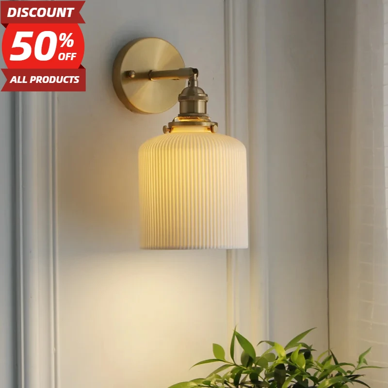 

Japanes Vintage Wall Lamp Brass Ceramic Lampshade Pull Wire Switch Swivel Sconce Bedroom Bedside Wall Light Home Decoration