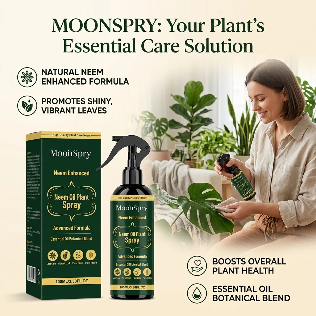 Spray de Aceite de Neem Moonspry, Mejora el Brillo de las Hojas, Aumenta la Transparencia, Fórmula Botánica Avanzada, Suplemento Nutritivo para Hojas