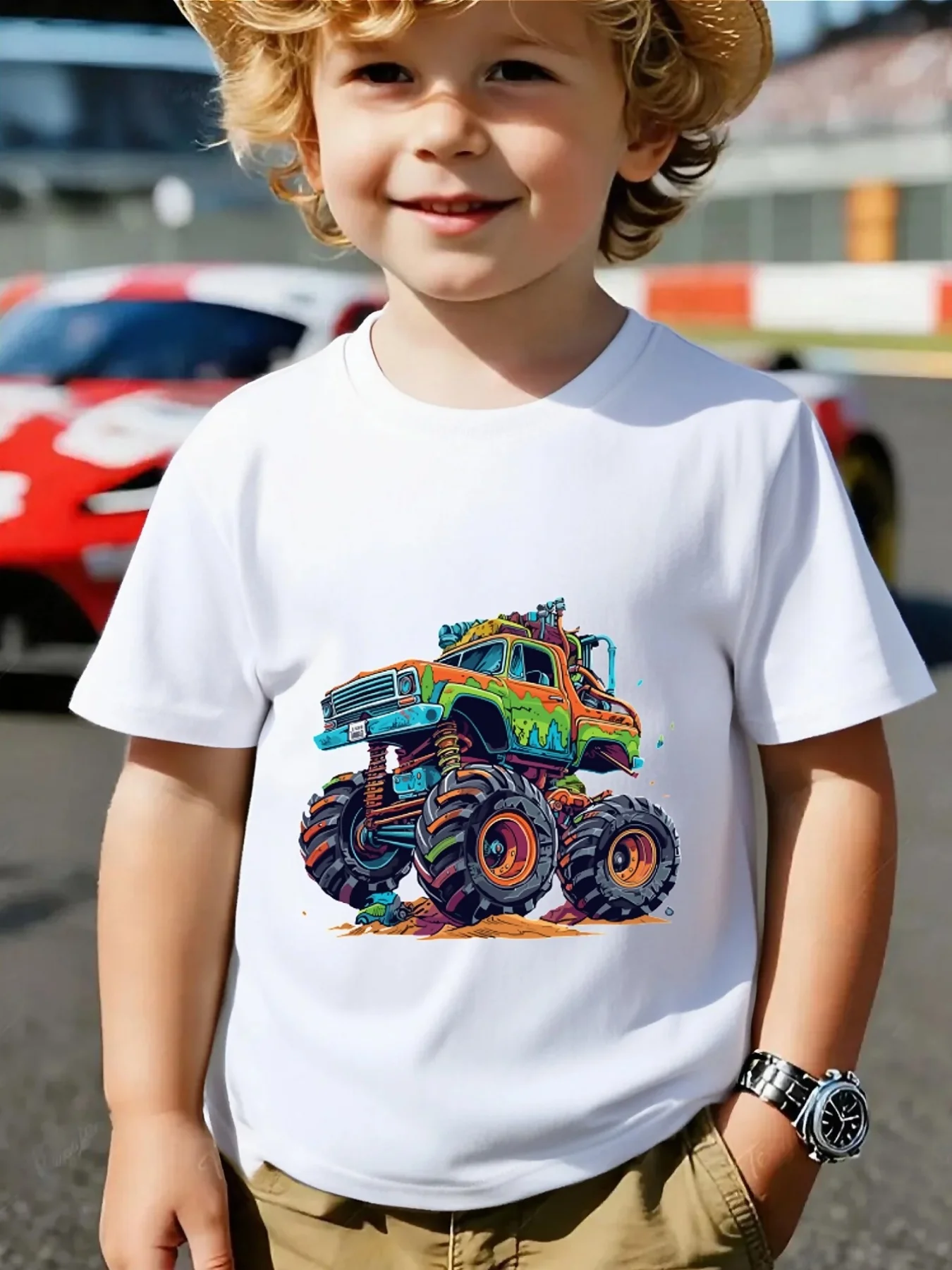 Monster Truck Colorful Graphic Print Family Matching Short Sleeve Tee Boys Girls Kids Casual Cool Vehicle Pattern Summer Tops