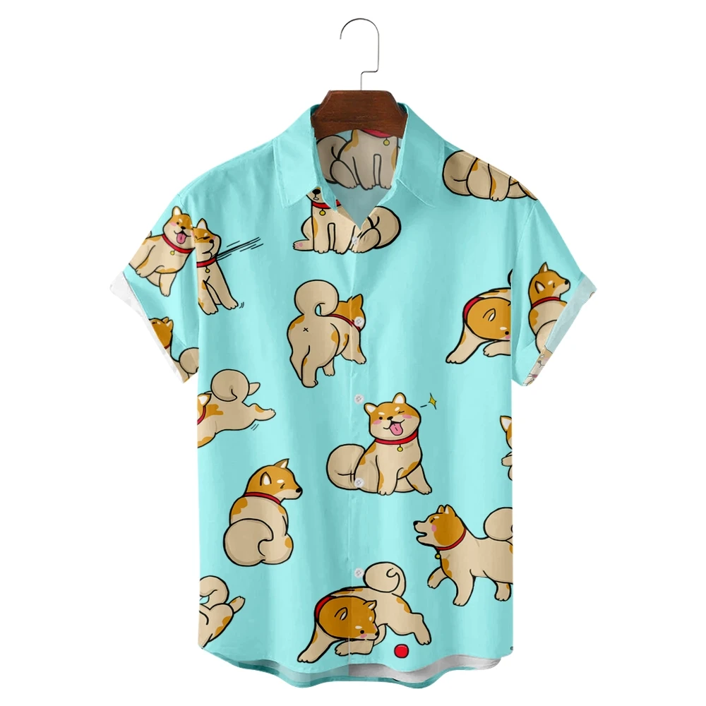 Oversized Beach Hawaiian Shirt 2023 Zomer Shiba Inu Hond Print Losse Korte Mouwen Shirt Mannen Roze Top