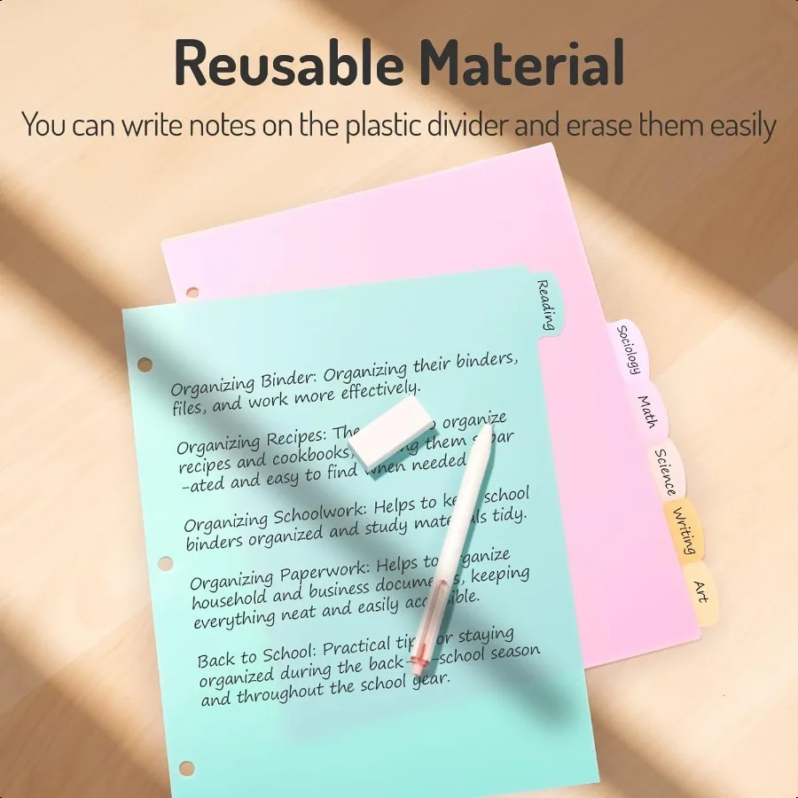 8Tab Binder Dividers with Tabs Big Tabs WriteErase Plastic Dividers for 3 Ring Binder Binder Tabs for Organizers 3 Ring Binder