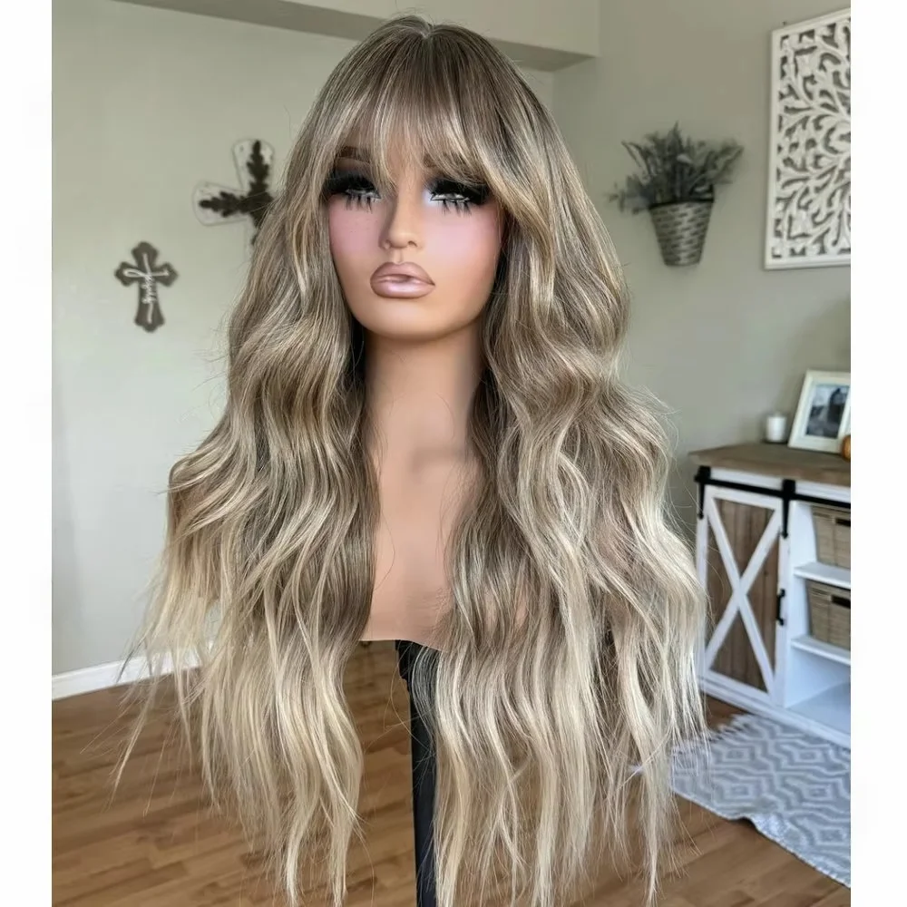 Ombre Blond 24Inch Wave with Bangs Natural HD Lace Wig for Women Pre-Plucked Transparent Lace Frontal Versatile Hair Wig