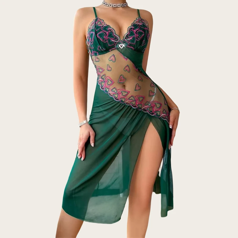 Frauen Sexy Nachthemd Mesh Spleißen Sommer Pyjamas V-ausschnitt Hohl Hosenträger Nacht Kleid Herz Stickerei Sexy Nachtwäsche Pyjamas