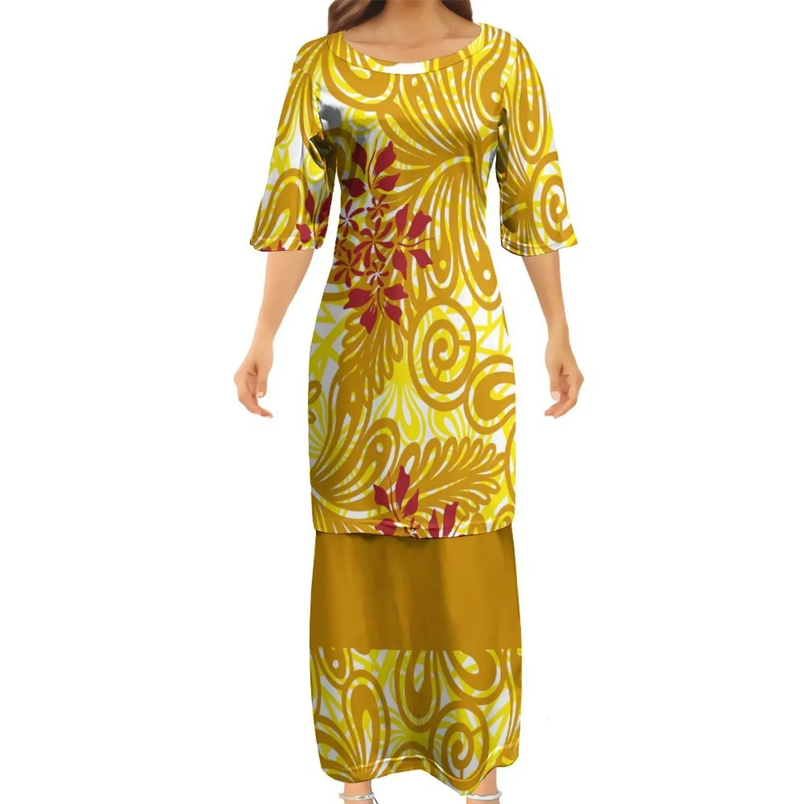 Polynesian Women'S Round-Neck Mid-Sleeve Double-Layer Dress Puletasi Custom Floral Pattern Summer Stylish Slimming Dress