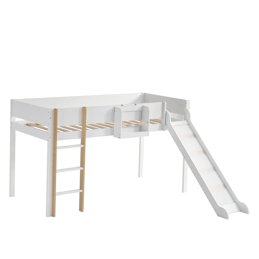 PINGGO Hochbett für Kinder mit Rutsche, 3-stufige Leiter, abnehmbares Regal, Kiefer MDF, Weiß Natur, 90x200cm, ohne Matratze – Detail 8