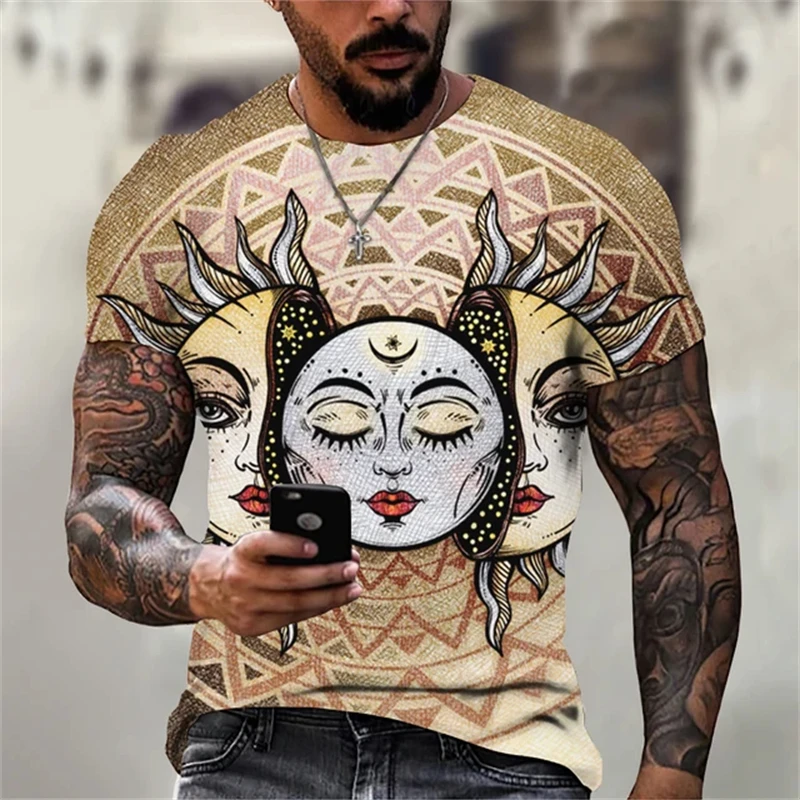 Summer new men's round neck T-shirt, summer sun and moon print short sleeved Harajuku original oversized nostalgic T-shirt