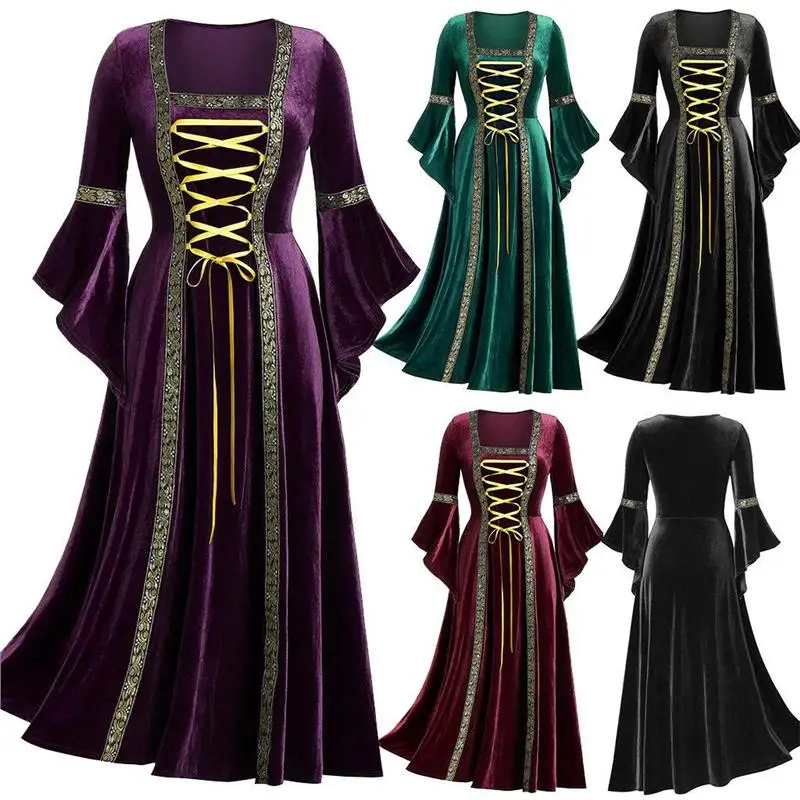 

Gothic Style Long Skirt Women's Dress Medieval Punk Long Skirt Gold Velvet Halloween Stage Costume Large Size Ethnic Fashion