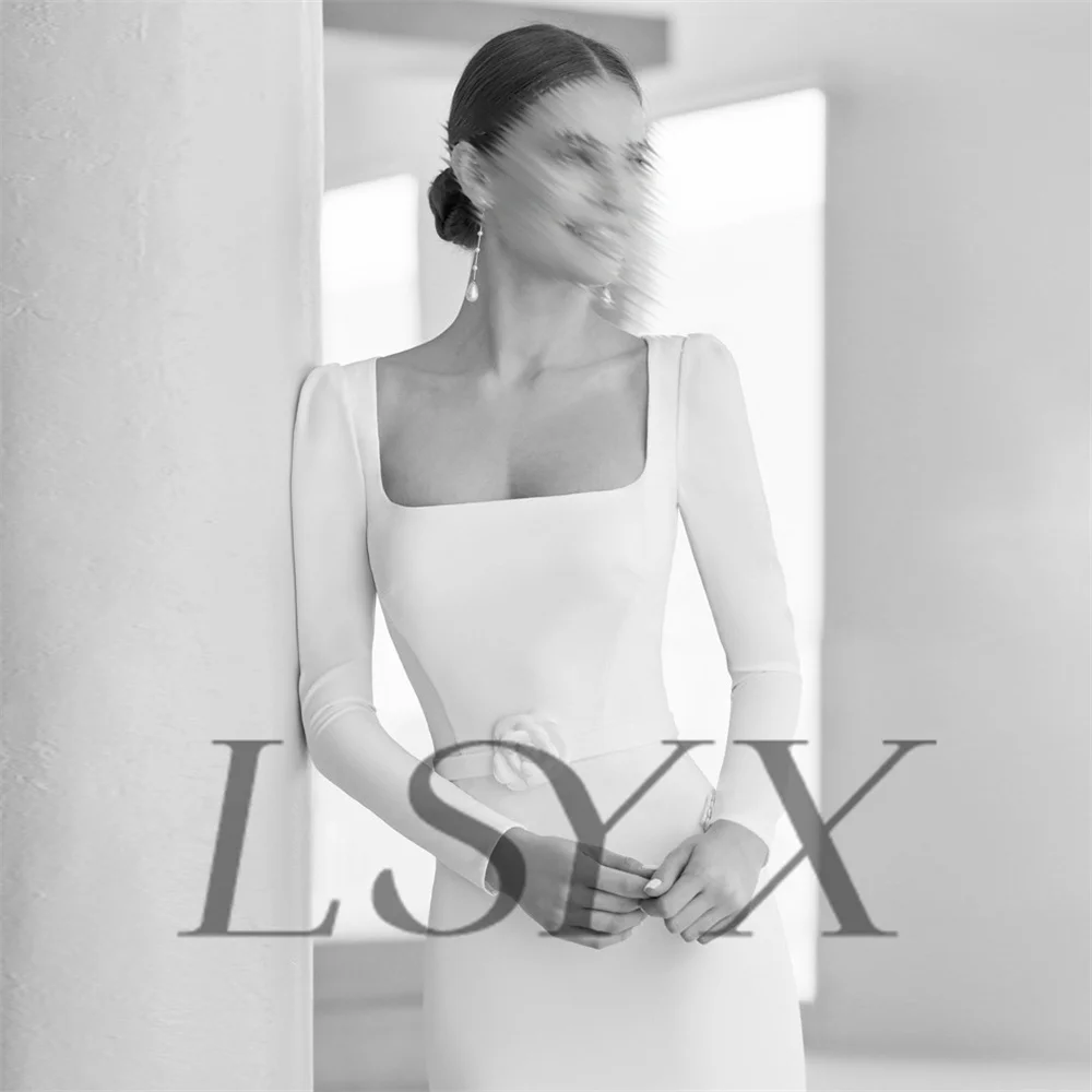 LSYX-Robe de Mariée Sirène en Crêpe à Manches sulfet Col Carré, Vêtement Simple et Personnalisé, Découpé au Dos, Longueur au Sol, pour Patients