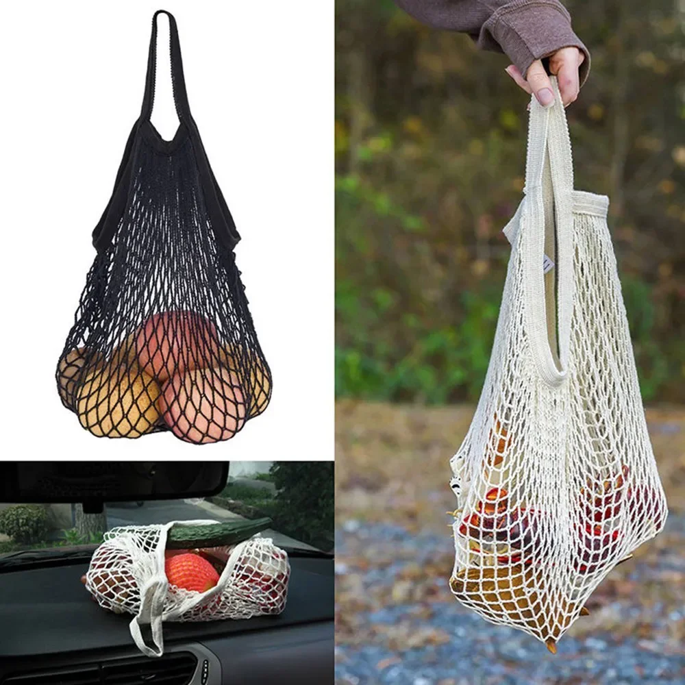 Portable Reusable Grocery Bags Fruit Vegetable Bag Washable Cotton Mesh String Organic Organizer Handbag Short Handle Net Tote