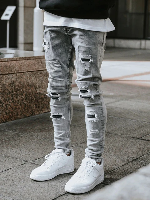 Men s Skinny Ripped Jeans Streetwear Fashion Beggar Patch Men Pencil Pants Grey Blue Slim Denim Trousers Casual Jeans for Men AliExpress