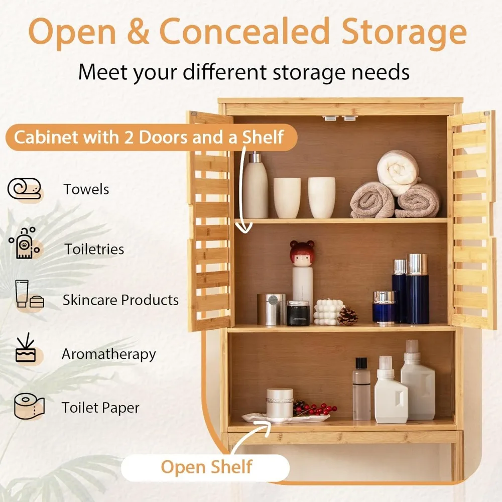 

Over The Toilet Storage Cabinet, Bamboo Bathroom Space Saver with 2 Doors, Adjustable Bottom Bar, Open Shelf, Customized