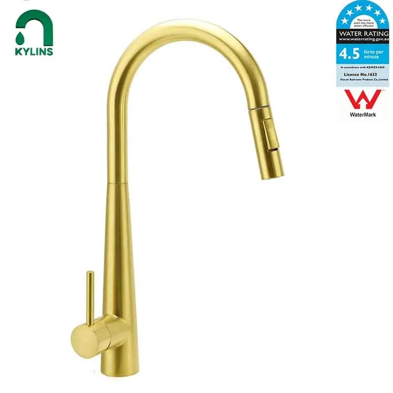 **Sydney Stock** KYLINS Pull Out Sink Faucet for Kitchen Sink 2 Function Brushed Gold Basin Mixer Tap WaterMark WELS AU