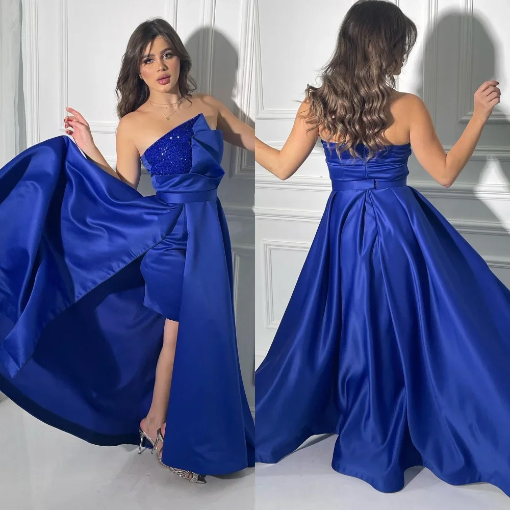 Vestido de noche personalizado de satén con lentejuelas, drapeado, corte en A, sin tirantes, a medida, vestidos largos de Arabia Saudita