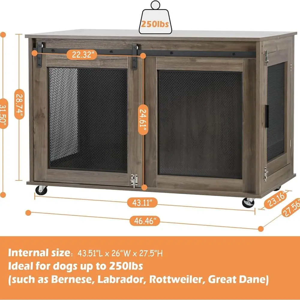 47インチ大型犬用木製クレート、大型犬用室内装飾ケネル、スライドドア、ホイール、トッププレート付き