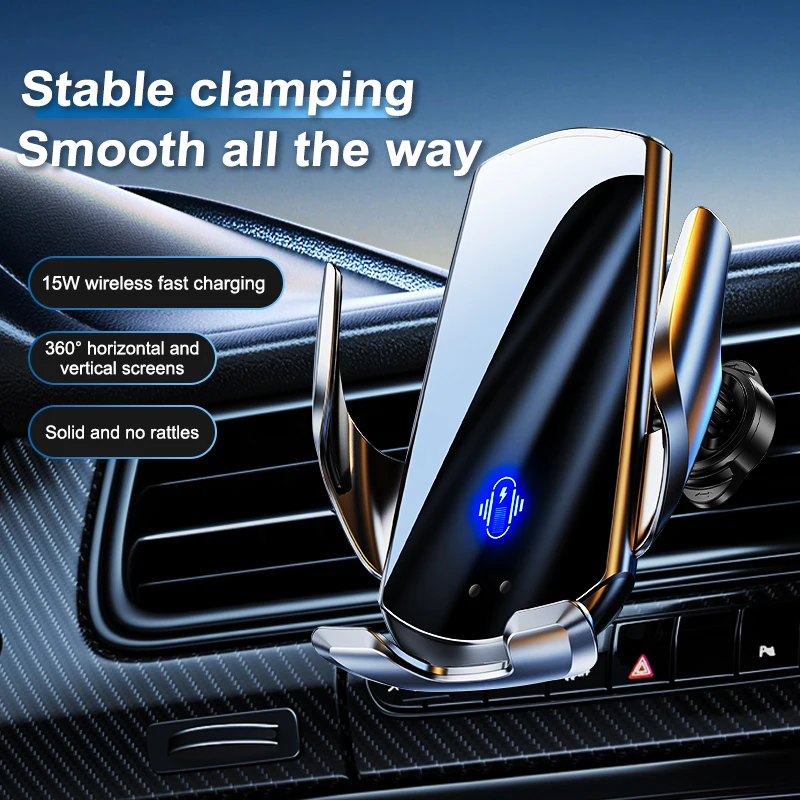 

15W Auto-Sensing Wireless Charger - Fast Charging, LED Indicator, Universal Phone Compatibility, Secure Car Mount