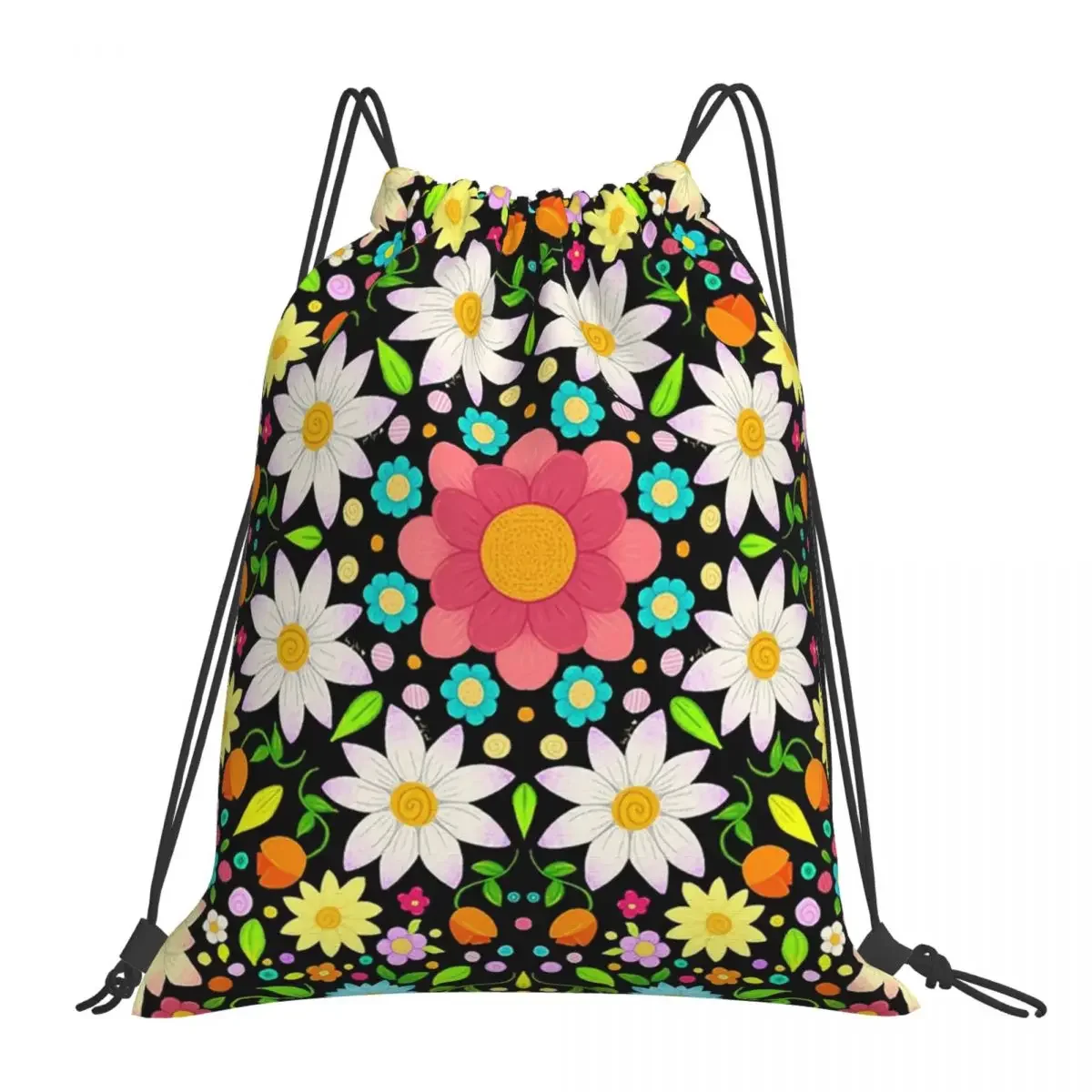 Flower Pattern Circular Design Backpacks Portable Drawstring Bags Drawstring Bundle Pocket Sports Bag BookBag Travel Students